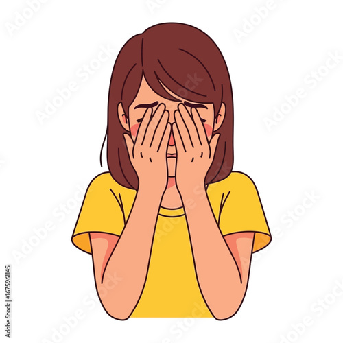 Empathy in Tears: A young girl in a yellow shirt, visibly distraught, her face buried in her hands, illustrating raw emotion, vulnerability, and deep sorrow.