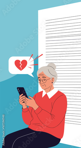 Elderly woman experiencing emotional distress from negative online communication affecting her health