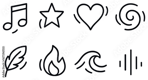 Emotion and nature linear icon set. featuring music, star, heart, swirl, feather, fire, wave, and sound symbols