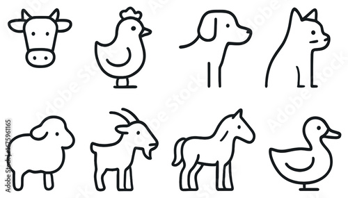 Farm animals linear icon set. featuring cow, chicken, dog, cat, sheep, goat, horse, duck icons