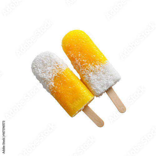 Two Delicious Mango Popsicles with Coconut Flakes on Black Background
