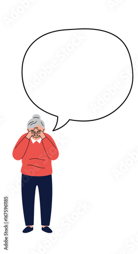 Elderly woman gesturing with hands covering face next to empty speech bubble illustration