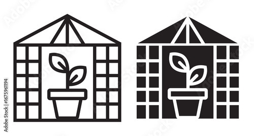 Simple line art icon of a greenhouse with a potted plant inside.A flowerpot with flower plants. Macro of vegetable seedlings in a greenhouse community. Plants line art icon image outline vector line a