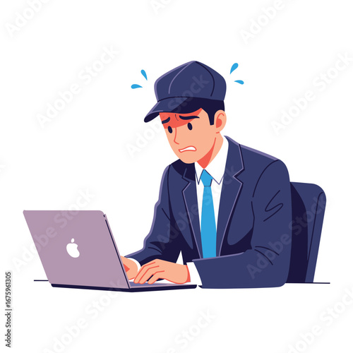 Stressed Professional at a Computer: Depicting the mental strain of modern work life, an illustrated figure, immersed in work, confronts the stresses of business.