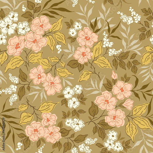 Seamless floral pattern, liberty ditsy print with cute summer liberty flowers. Pretty botanical design for textile, paper. Small hand drawn flowers, tiny leaves on a gold background. Stock vector 
