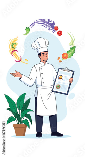 Skilled chef juggling fresh ingredients demonstrating culinary expertise and menu planning abilities