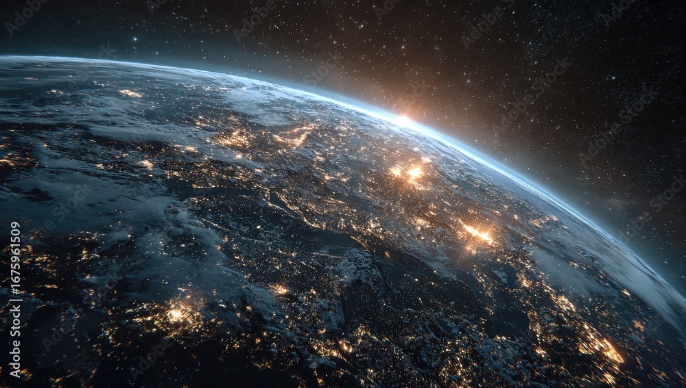 Fototapeta premium Earth at dawn, viewed from space, showing illuminated cities