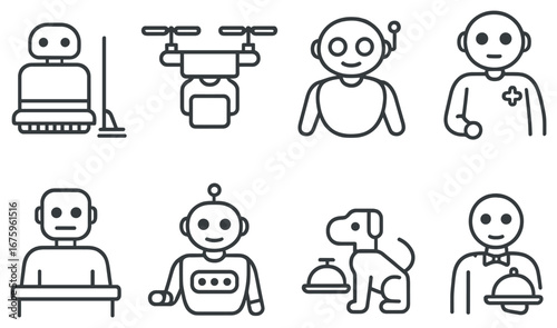 Robotics linear icon set. featuring vacuum, drone, ai, healthcare bot, and service robot icons