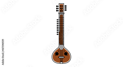 Intricate Brown Wooden Sitar, Indian Classical String Instrument.