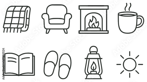 Cozy home linear icon set. featuring blanket, armchair, fireplace, mug, book, slippers, lantern, and sun symbols