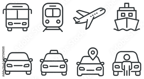 Transportation linear icon set. featuring bus, train, airplane, boat, car, taxi, location, driver