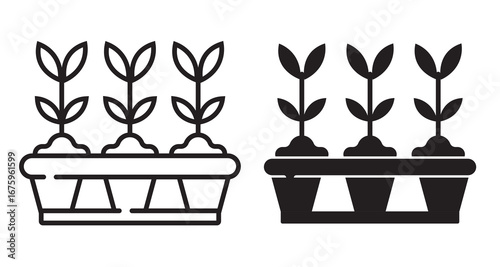 Simple line art icon of a greenhouse with a potted plant inside.A flowerpot with flower plants. Macro of vegetable seedlings in a greenhouse community. Plants line art icon image outline vector line a