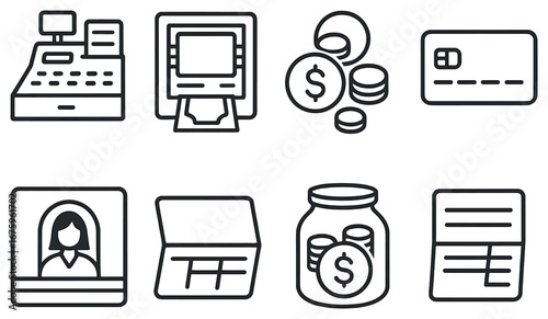 Banking and finance linear icon set. featuring atm, cash register, credit card, coins, savings, statement, laptop