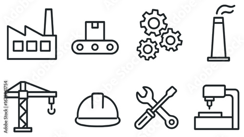 Industry linear icon set. featuring factory, conveyor, gears, smokestack, crane, helmet, tools, and drill press