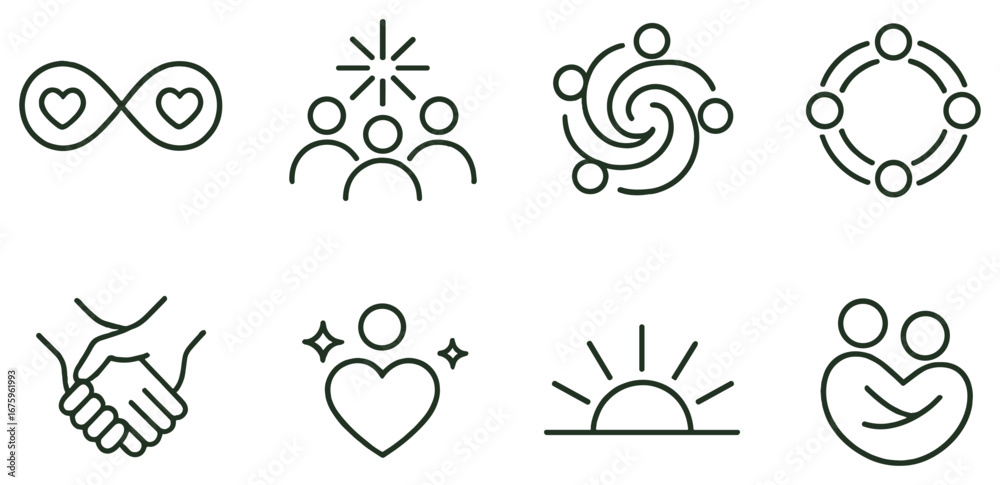 Fototapeta premium Community and connection linear icon set. featuring love, unity, teamwork, harmony, partnership symbols