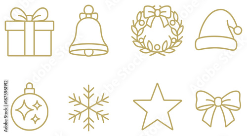 Christmas festivities neon icon set. featuring gift, bell, wreath, hat, ornament, snowflake, star, bow