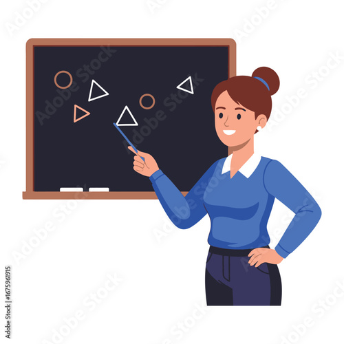 Teaching Shapes: A friendly instructor uses a pointer to explain various shapes on the chalkboard, conveying knowledge and the joy of learning. 