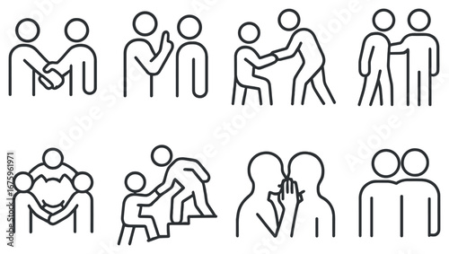 Conflict resolution linear icon set. featuring handshake, discussion, support, teamwork, empathy, and guidance symbols