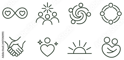Community and connection linear icon set. featuring love, unity, teamwork, harmony, partnership symbols