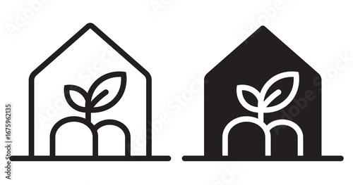 Simple line art icon of a greenhouse with a potted plant inside.A flowerpot with flower plants. Macro of vegetable seedlings in a greenhouse community. Plants line art icon image outline vector line a