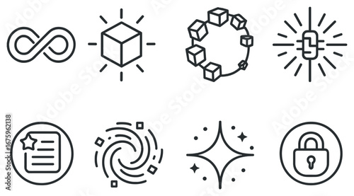 Technology and security linear icon set. featuring blockchain, cube, star file, spiral, and lock symbols