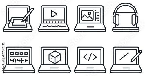 Creative tools linear icon set. featuring drawing, video editing, photo editing, music, coding, and 3d modeling symbols