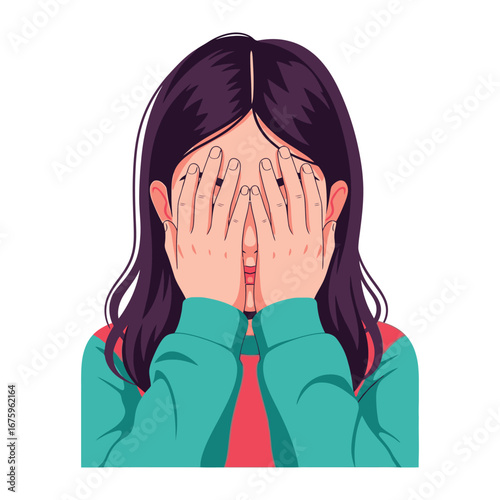 Fear and Covering Eyes: A young woman covers her eyes, conveying a sense of fear, anxiety, or embarrassment, showcasing a poignant expression of human emotion.