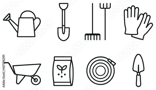 Gardening tools linear icon set. featuring watering can, shovel, rake, gloves, wheelbarrow, seeds, trowel