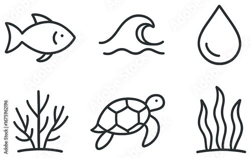 Marine life linear icon set. featuring fish, wave, water drop, coral, turtle, seaweed