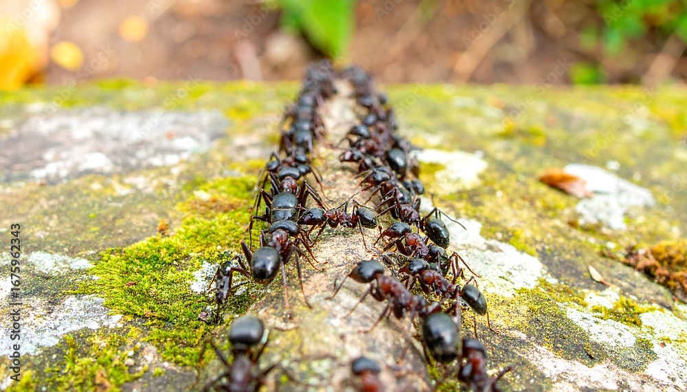 Fototapeta premium Ants marching in a line on a mossy rock
