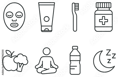 Health and wellness linear icon set. featuring face mask, cream, toothbrush, medicine, apple, yoga, water bottle, sleep symbols
