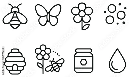 Beekeeping linear icon set. featuring bee, butterfly, flower, pollen, honeycomb, hive, jar, and droplet icons
