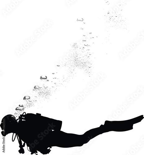 Silhouette vector of scuba diver underwater with oxygen tank and air bubbles, perfect for diving, ocean exploration, and marine themes