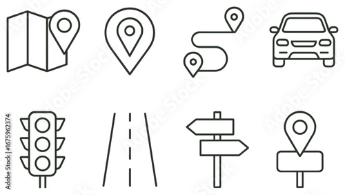 Navigation and travel linear icon set. featuring map, location, route, car, traffic light, road, signpost