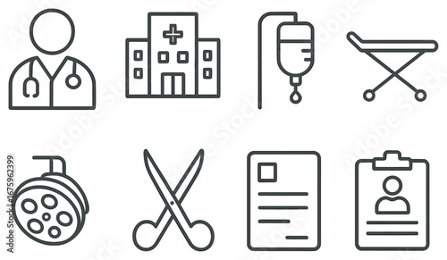 Medical linear icon set. featuring doctor, hospital, iv, stretcher, surgical light, scissors, id, clipboard