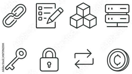 Technology and security linear icon set. featuring link, checklist, blockchain, server, key, padlock, sync, and copyright icons