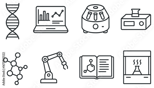 Science and laboratory linear icon set. featuring dna, laptop, centrifuge, analysis, molecule, robotic arm, book, and equipment