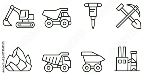 Construction equipment linear icon set. featuring excavator, dump truck, jackhammer, tools, quarry, factory
