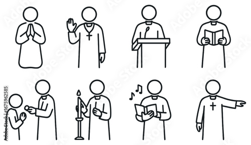 Religious activities linear icon set. featuring prayer, sermon, blessing, choir, scripture, candle lighting, baptism, worship symbols