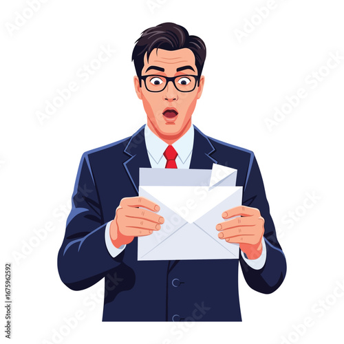 Surprised businessman with an opened envelope: A businessman is shocked. His eyes wide and mouth agape as he examines the envelope's contents. 