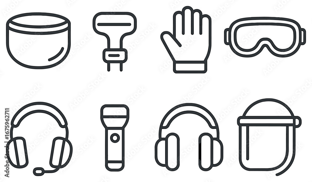 Fototapeta premium Safety equipment linear icon set. featuring hard hat, goggles, gloves, headset, flashlight, visor
