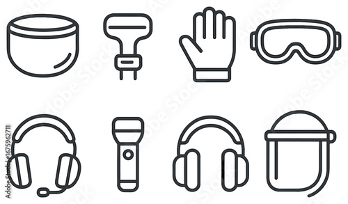 Safety equipment linear icon set. featuring hard hat, goggles, gloves, headset, flashlight, visor