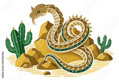 Rattlesnake coiled between cactus and rocky desert ground, sharp spines and detailed sketch illustration