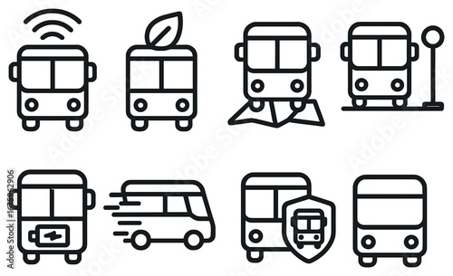 Transportation linear icon set. featuring wi-fi, eco-friendly, electric, fast, shield, and bus stop symbols