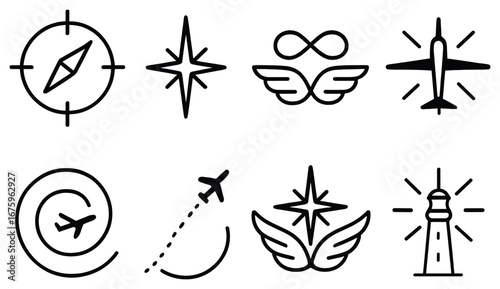 Navigation linear icon set. featuring compass, north star, infinity, airplane, lighthouse, and wings symbols
