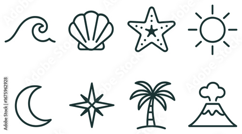 Beach and nature linear icon set. featuring wave, shell, starfish, sun, moon, compass, palm tree, volcano symbols
