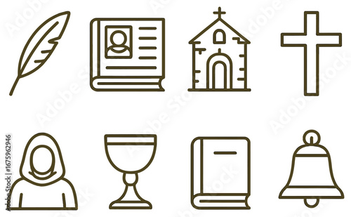 Religious symbols linear icon set. featuring quill, bible, church, cross, chalice, book, bell, saint