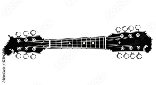 Double-Neck Mandolin Illustration with Tuning Pegs and Fretboard Details.