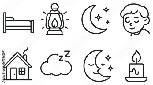 Sleep and nighttime linear icon set. featuring bed, lantern, moon, kid, house, cloud, moon with stars, candle