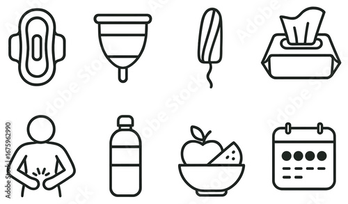 Menstrual care linear icon set. featuring pad, cup, tampon, wipes, cramps, water bottle, healthy food, calendar
